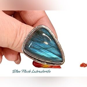 Blue Flash Labradorite silver Ring BOLD LARGE
